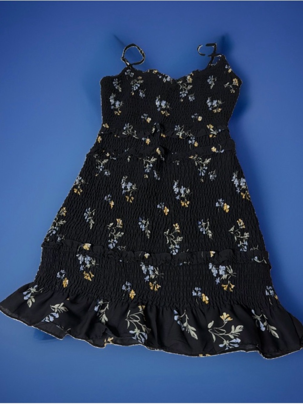 Abercrombie & Fitch Black Floral Smocked Sundress with Ruffle Hem